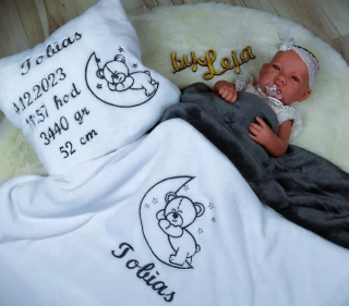 Dárková sada - deka se jménem a obrázkem a polštářek se jménem, obrázkem a údaji o narození